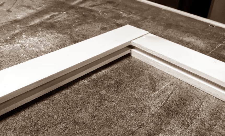 Detail of the chopsaw station's door frame corner joint, simple table saw joinery